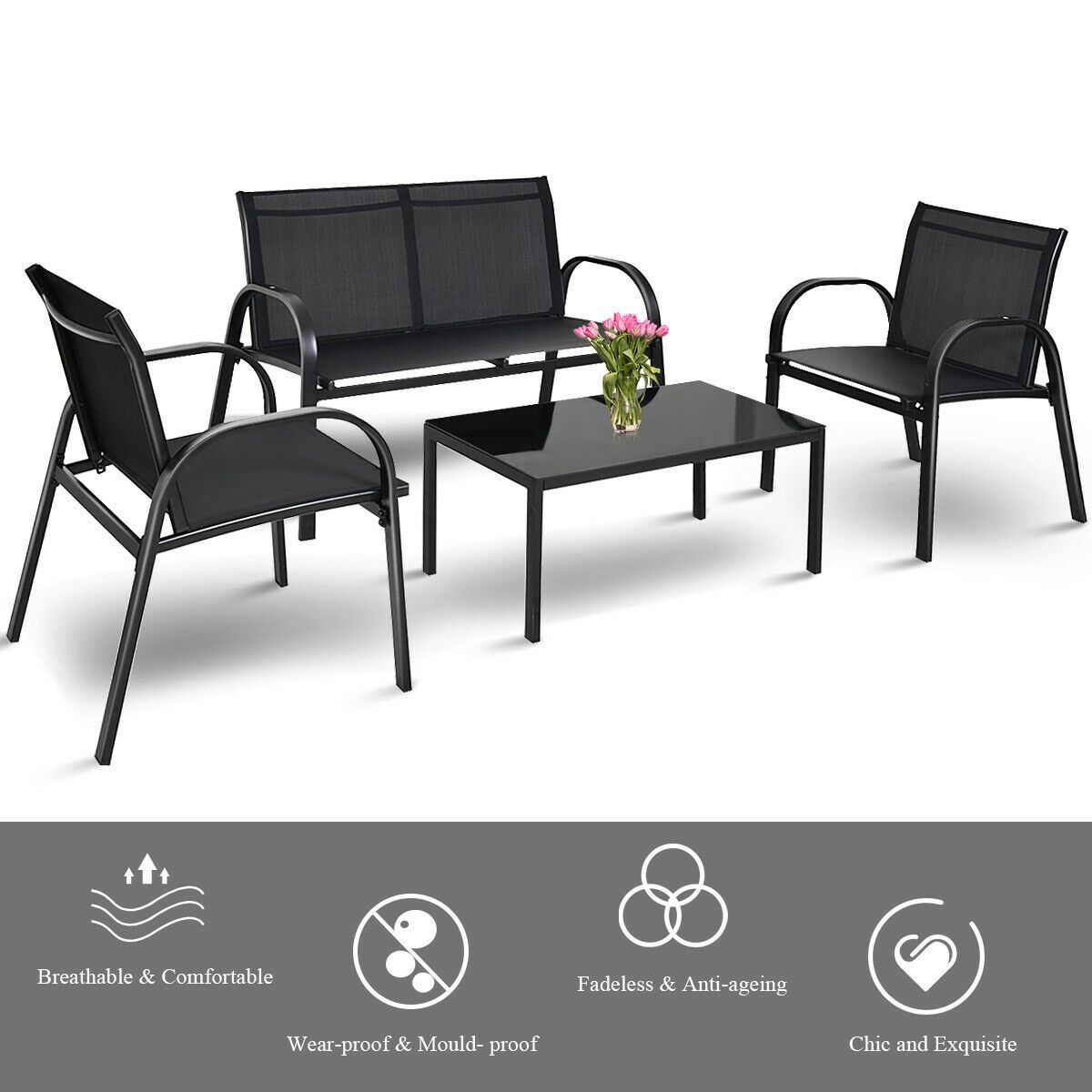 4 Piece Garden Furniture Set with Loveseat for Patio (Without Cushions)